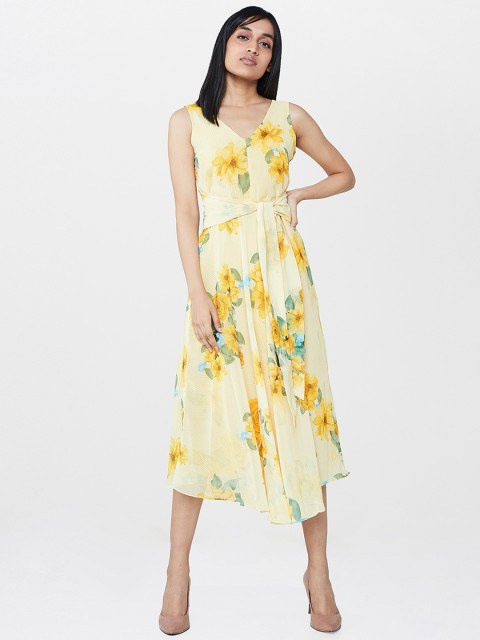 

AND Women Yellow Printed A-Line Dress