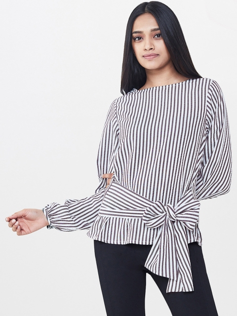 

AND Women Grey & White Striped Pure Cotton Top