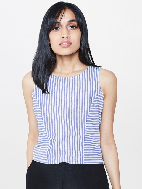 

AND Women Blue & White Striped Pure Cotton Top