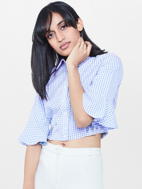

AND Women Blue Checked Shirt Style Crop Top