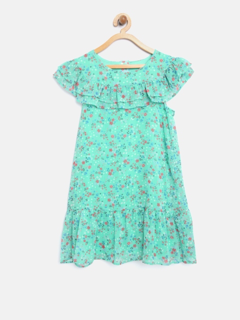 

mothercare Girls Green & Coral Red Floral Print Ruffled A-Line Dress