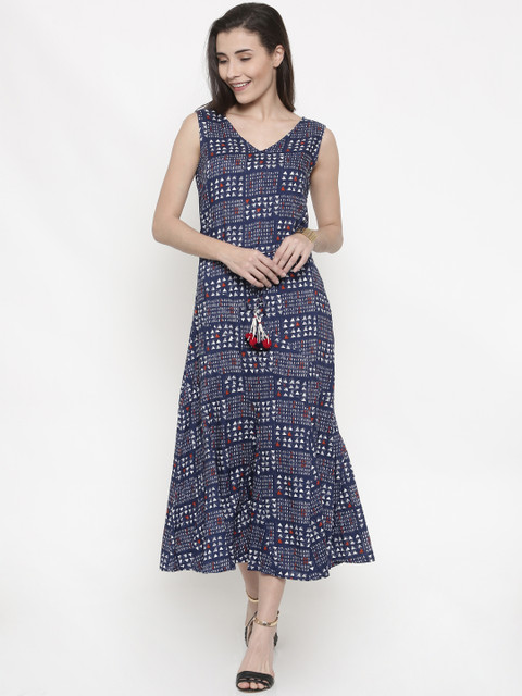 

Global Desi Women Blue Printed Fit & Flare Midi Dress