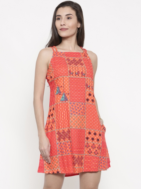 

Global Desi Women Orange Printed A-Line Dress