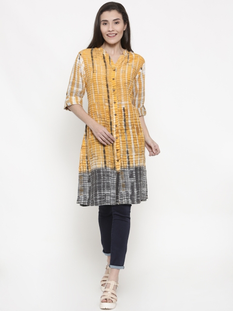 

Global Desi Mustard Yellow & Grey Printed Kurta