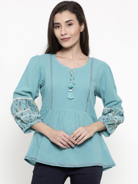 

Global Desi Women Blue Solid A-Line Top