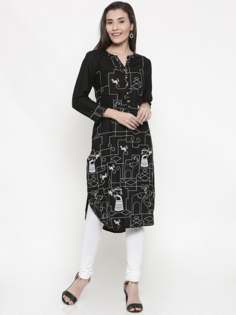 

Global Desi Women Black Quirky Print A-Line Kurta