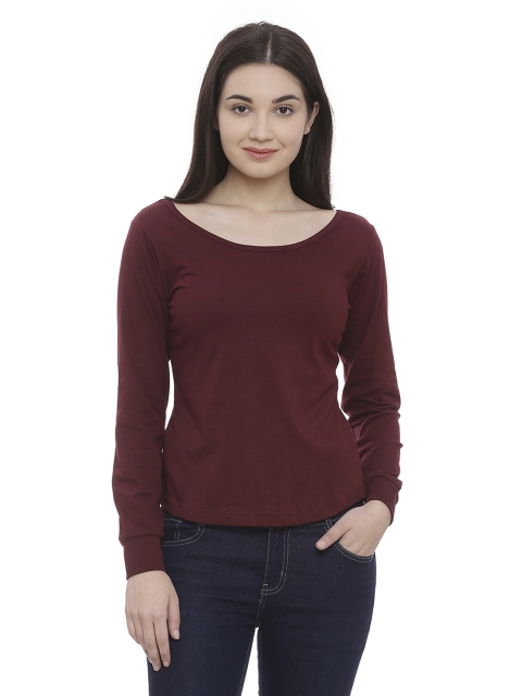 

The Dry State Women Maroon Solid Boat Neck T-shirt