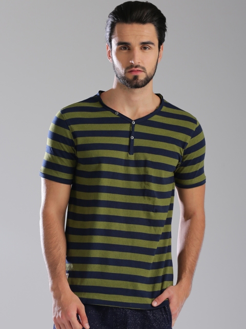 

Bossini Men Olive Green Striped Henley Neck T-shirt