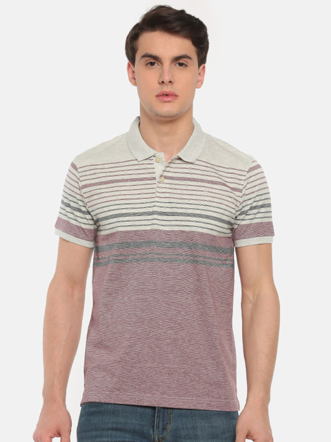 

CODE by Lifestyle Men Grey Melange Striped Polo Collar T-shirt