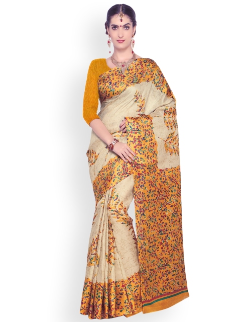 

Satrani Beige & Yellow Poly Silk Printed Bhagalpuri Saree