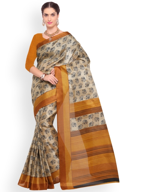 

Satrani Beige & Yellow Poly Silk Printed Bhagalpuri Saree