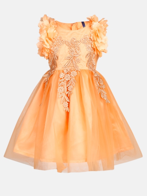

YK Girls Coral Orange Self Design Fit and Flare Dress
