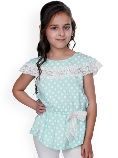 

CUTECUMBER Girls Green Embellished Pure Cotton Top