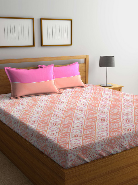 

Trident Red & Peach-Coloured Ethnic Motifs Flat 120 TC Cotton 1 Queen Bedsheet with 2 Pillow Covers