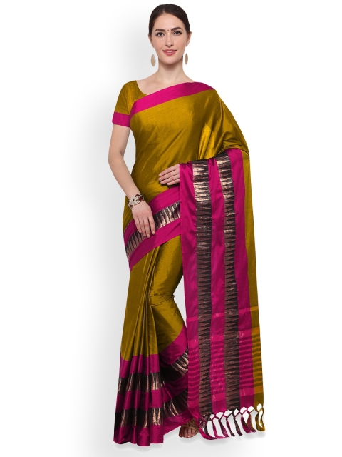 

Saree mall Mustard & Pink Silk Cotton Printed Banarasi Saree