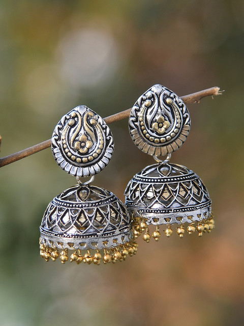 

FIROZA Oxidised Silver-Toned & Gold-Toned Dome Shaped Textured Handcrafted Jhumkas