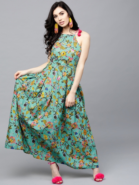 

AKS Women Sea Green & Yellow Printed Maxi Dress
