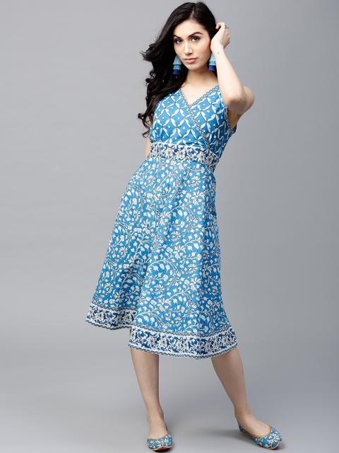 

AKS Women Blue & White Printed Fit & Flare Dress