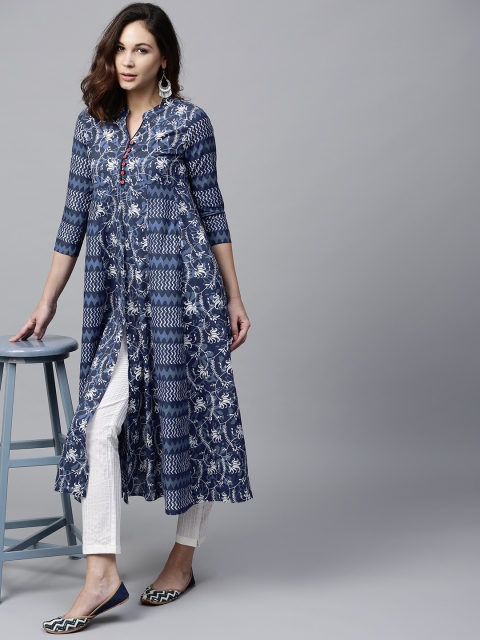 

AKS Women Navy Blue & White Printed A-Line Kurta