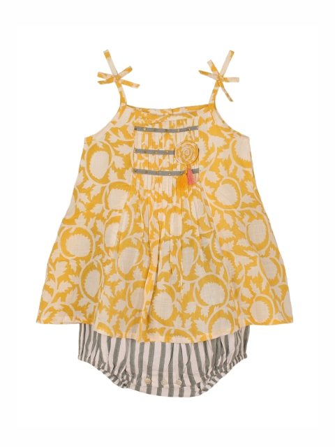

My Little Lambs Girls Beige & Yellow Printed & Striped Layered Rompers