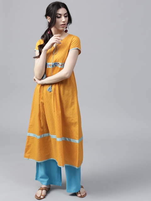 

AKS Women Mustard Yellow Woven Design A-Line Kurta