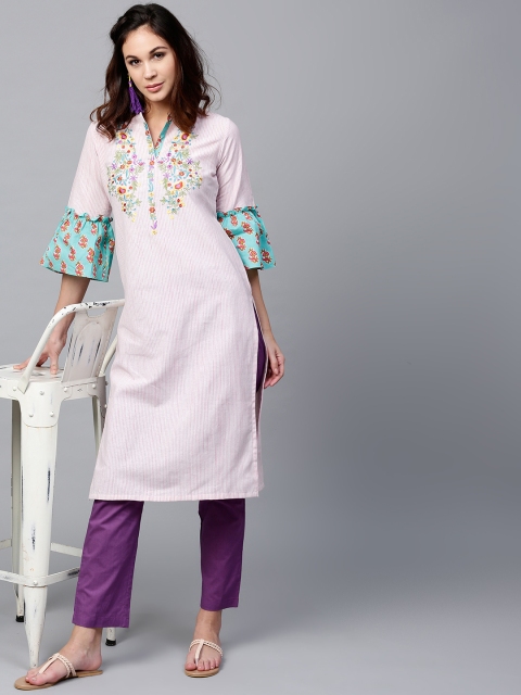 

AKS Women Pink & White Striped Embroidered Detail Straight Kurta