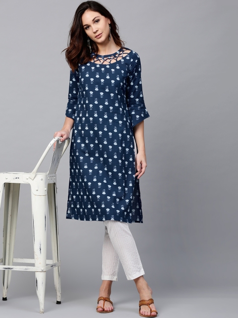 

AKS Women Navy Blue & White Printed Straight Kurta