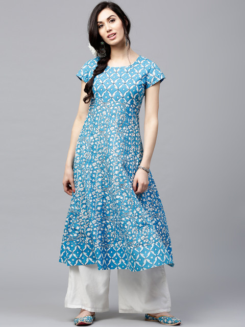 

AKS Women Blue & White Printed A-Line Kurta