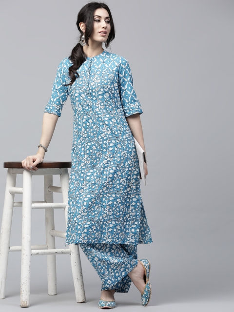 

AKS Women Blue & White Printed Straight Kurta