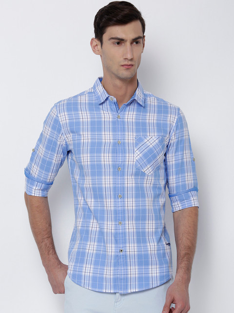 

LOCOMOTIVE Men Blue & White Slim Fit Checked Casual Shirt