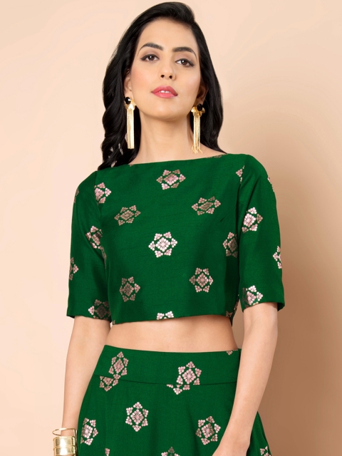 

INDYA Women Green and Golden Printed Crop Top