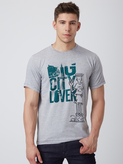 

FIDO DIDO Men Grey Melange Printed Round Neck T-shirt
