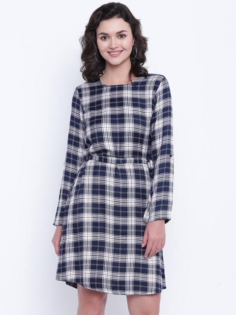 

People Women Navy Blue & White Checked Belted A-Line Dress