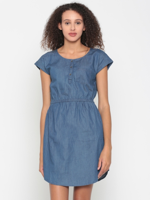 

People Women Blue Solid A-Line Denim Dress