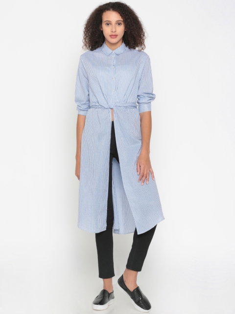 

People Women Blue & White Striped Longline Casual Shirt
