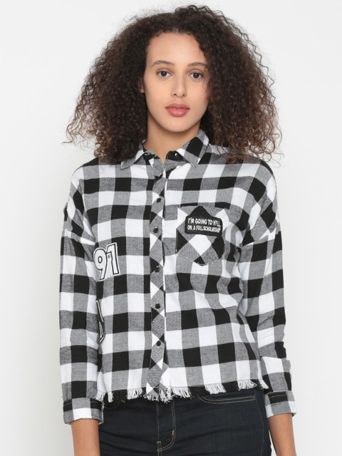

People Women Black & White Boxy Checked Casual Shirt