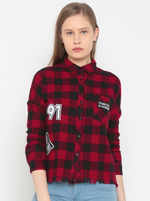 

People Women Red & Black Boxy Checked Casual Shirt