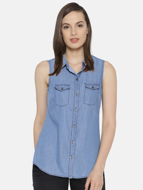 

People Women Blue Regular Fit Solid Chambray Casual Shirt