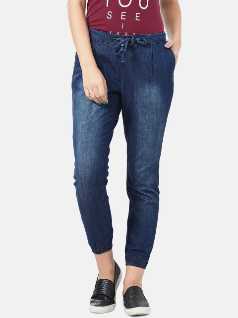 

People Women Blue Jogger Mid-Rise Clean Look Cropped Jeans