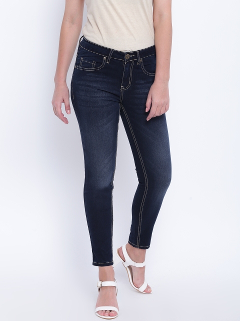 

People Women Navy Blue Regular Fit Mid-Rise Clean Look Cropped Stretchable Jeans