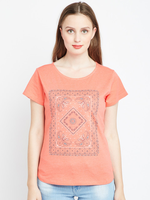 

People Women Coral Pink Printed Top