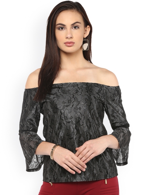 

Kazo Women Grey & Black Printed Bardot Top