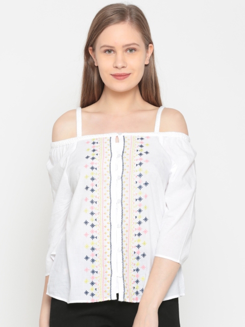 

People Women White Embroidered Shirt Style Top, Off white