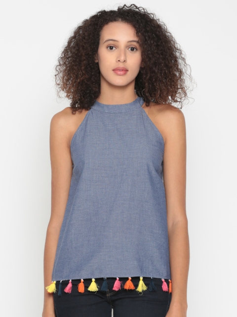 

People Women Blue Printed Pure Cotton Top