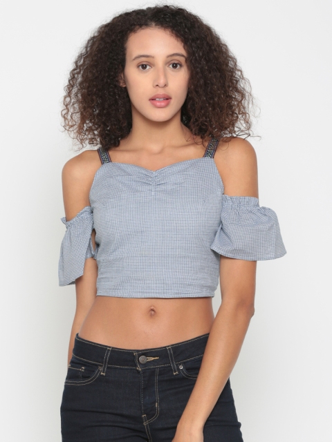 

People Women Blue Checked Crop-Pure Cotton Top