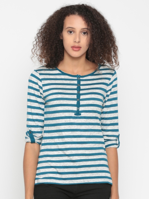 

People Women Teal Striped Henley Neck T-shirt