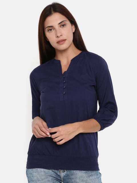 

People Women Navy Blue Solid Blouson Top