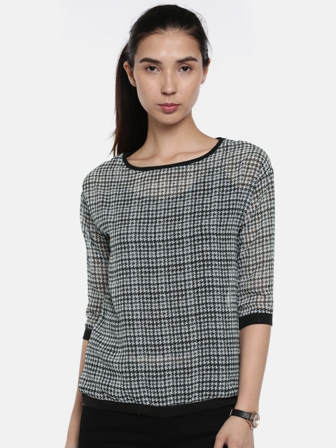 

People Women Off-White & Black Printed Semi-Sheer Top