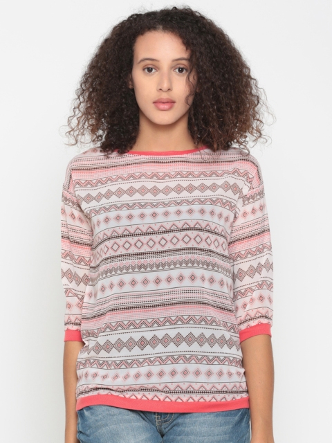 

People Women Peach-Coloured Printed Semi-Sheer Top, Cream