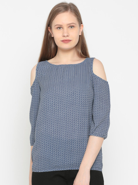 

People Women Blue & White Printed Top